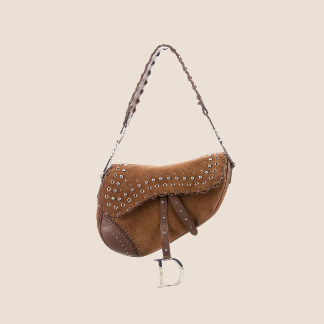 CHRISTIAN D1OR 2004 BROWN SUEDE EMBELLISHED WHIPSTITCH SADDLE BAG