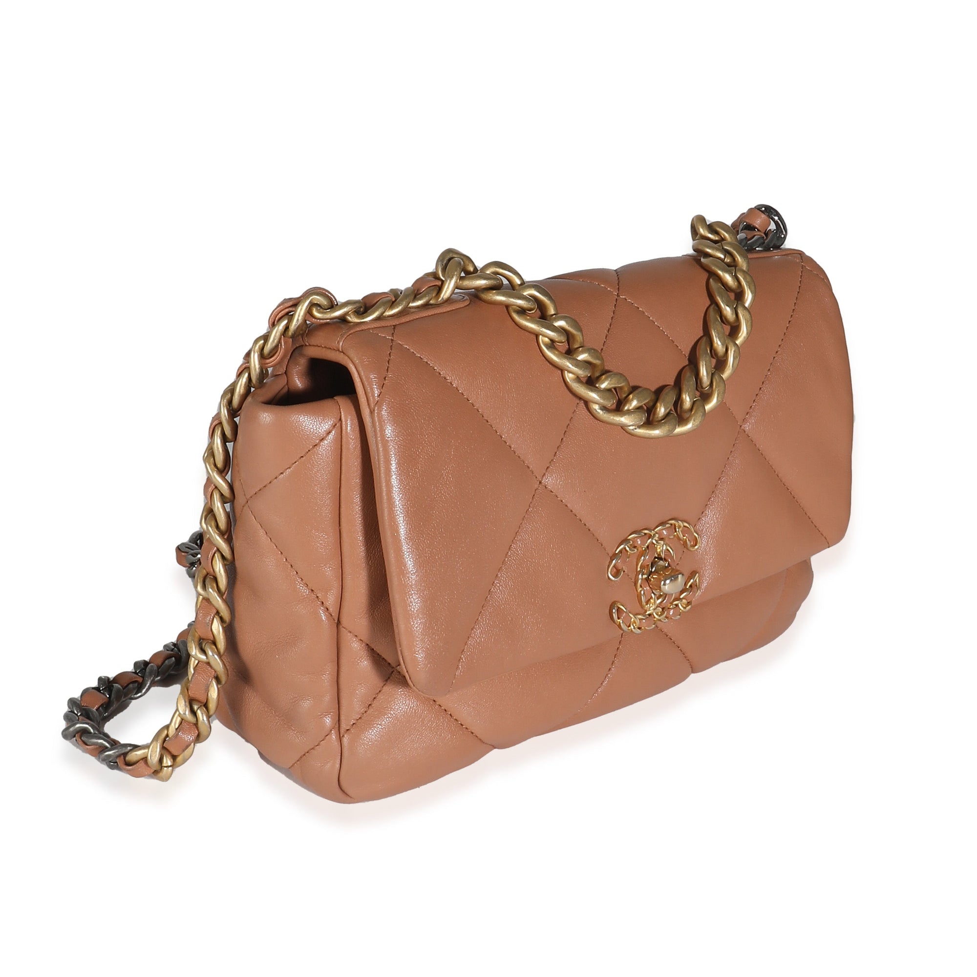 21P Brown Quilted Lambskin Medium CH 19 Flap Bag