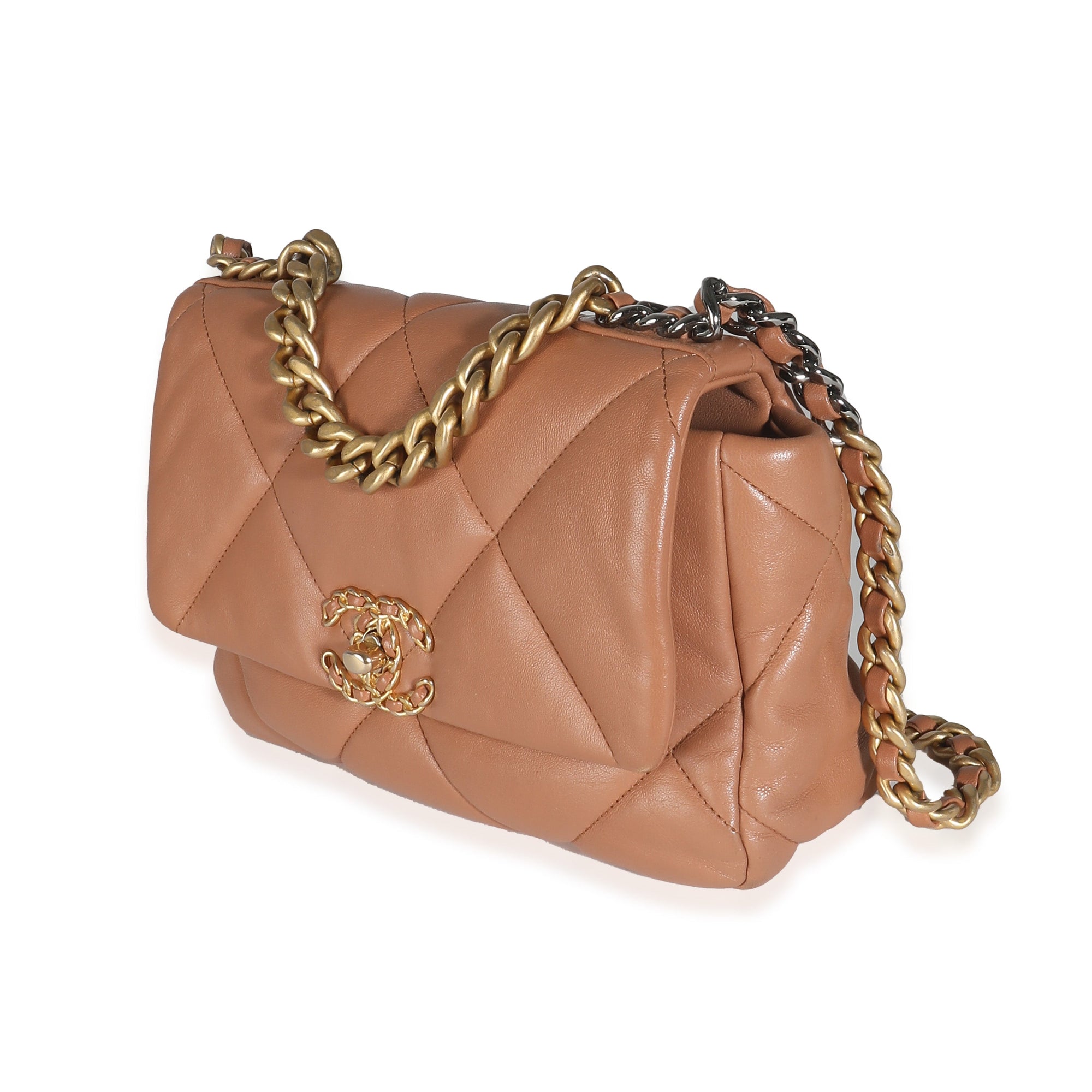 21P Brown Quilted Lambskin Medium CH 19 Flap Bag