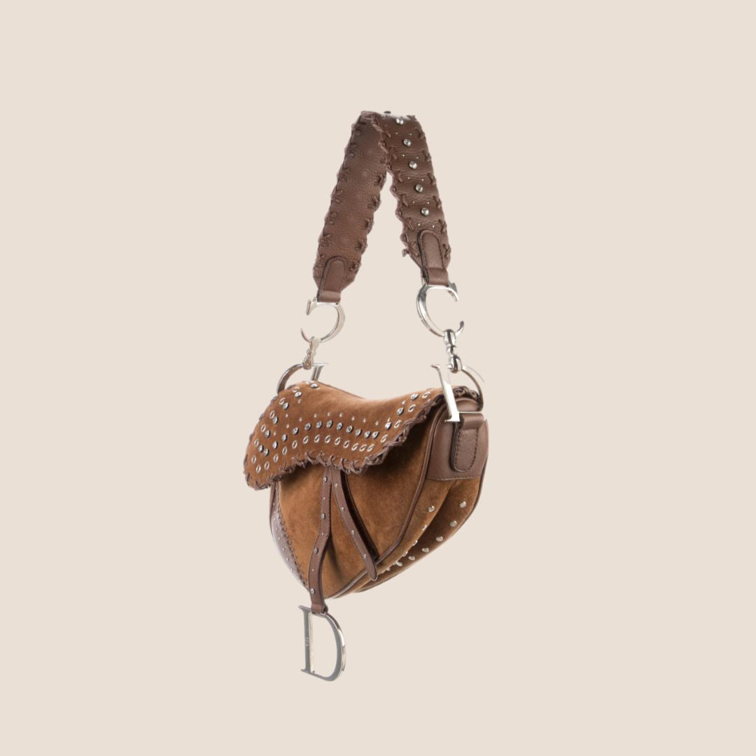 CHRISTIAN D1OR 2004 BROWN SUEDE EMBELLISHED WHIPSTITCH SADDLE BAG