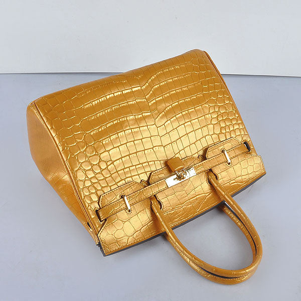 HMS Birkin 35cm 6089 New Golden Crocodile Vein Handbags Gold