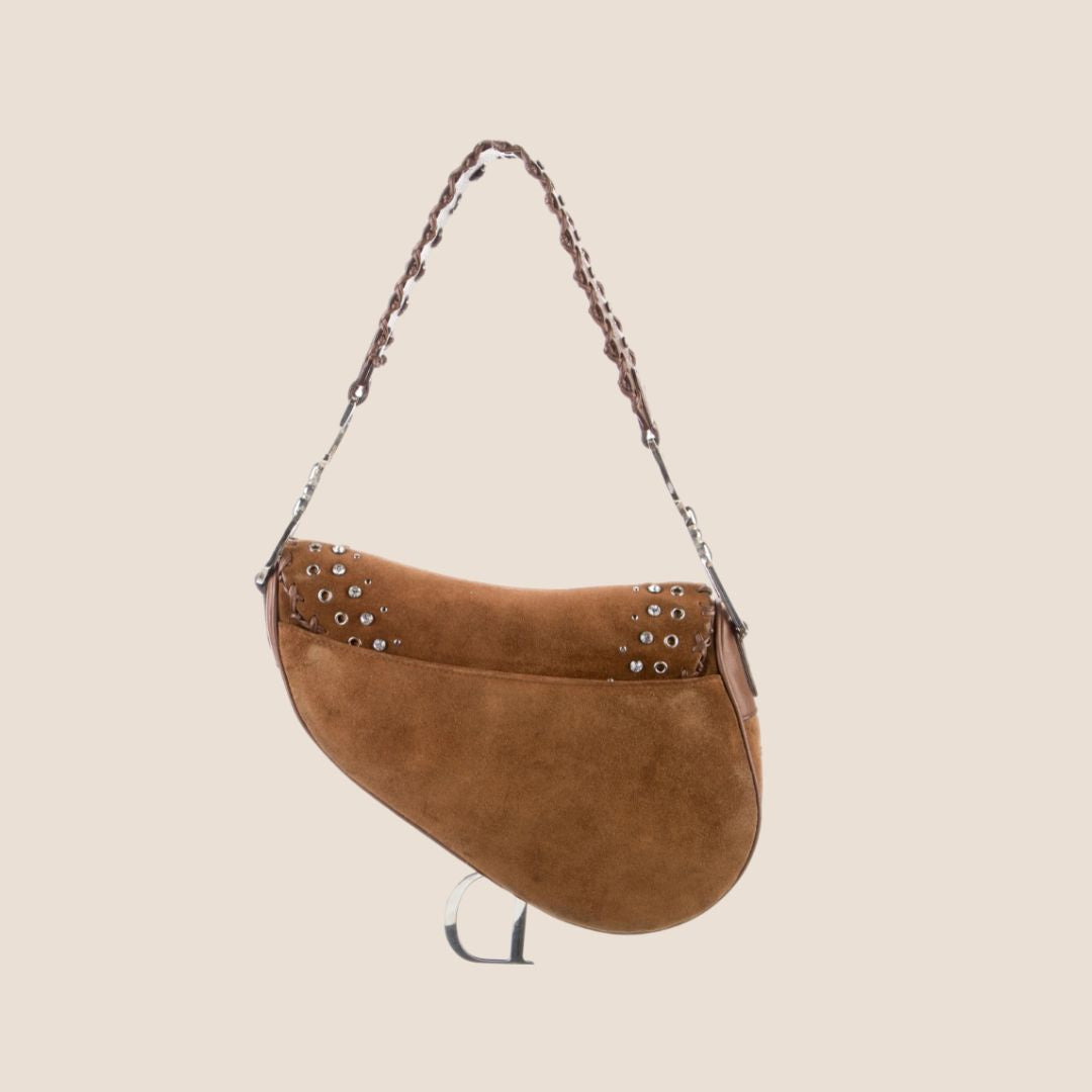 CHRISTIAN D1OR 2004 BROWN SUEDE EMBELLISHED WHIPSTITCH SADDLE BAG