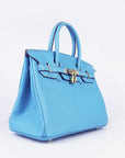 HMS Birkin 30cm Togo Leather Handbags Light Blue Golden