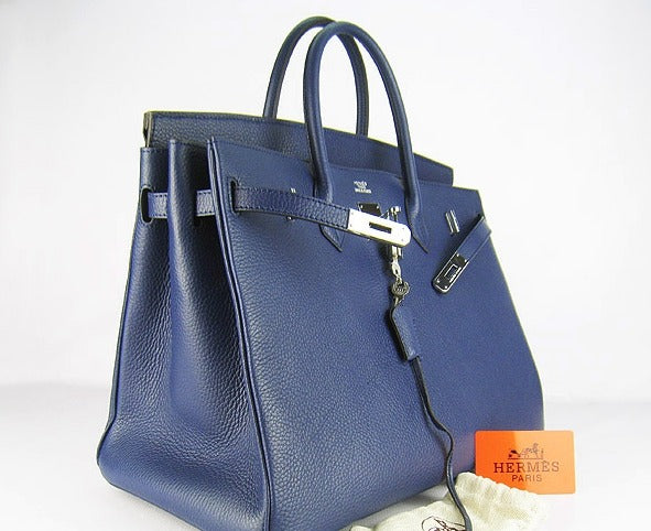 HMS Birkin 35cm Togo Leather Handbags 6099 Dark Blue Silver