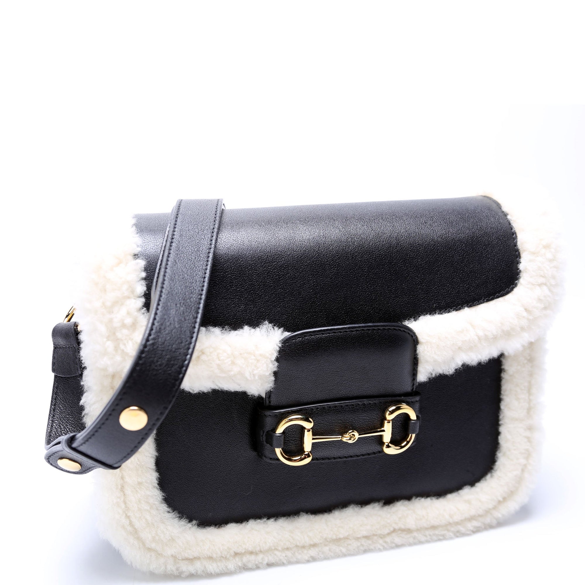 GCCI  Horsebit  Shearling Leather Shoulder Bag Black