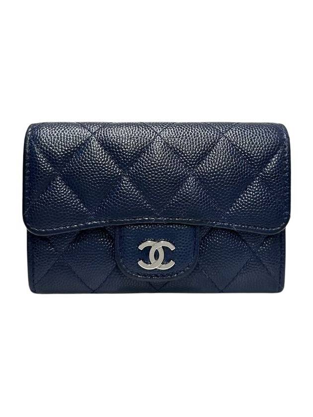 A80799 Navy caviar skin silver snap card holder business wallet CH