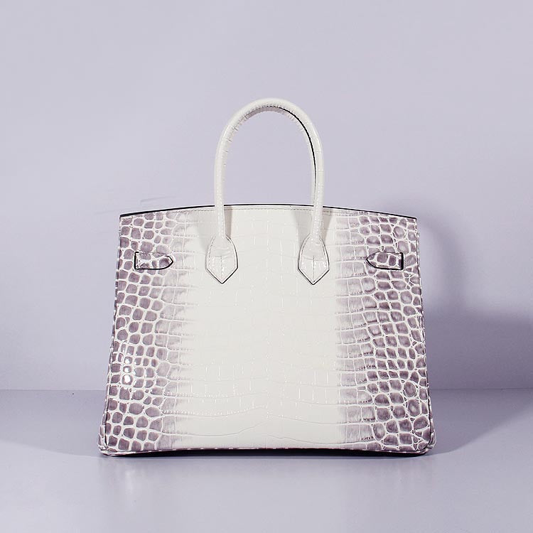 HMS Birkin 35cm Crocodile Leather Handbag Grey White Gold
