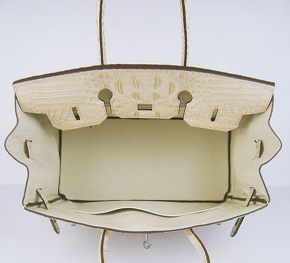 HMS Birkin 35cm Crocodile Head Veins Handbags Beige Silver
