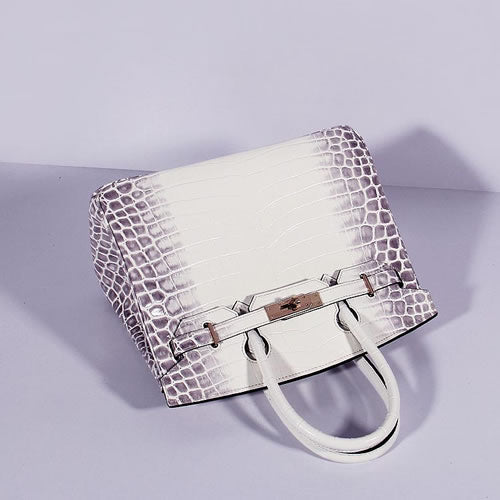 HMS Birkin 30cm Crocodile Leather Bag With Strap Grey White Gold