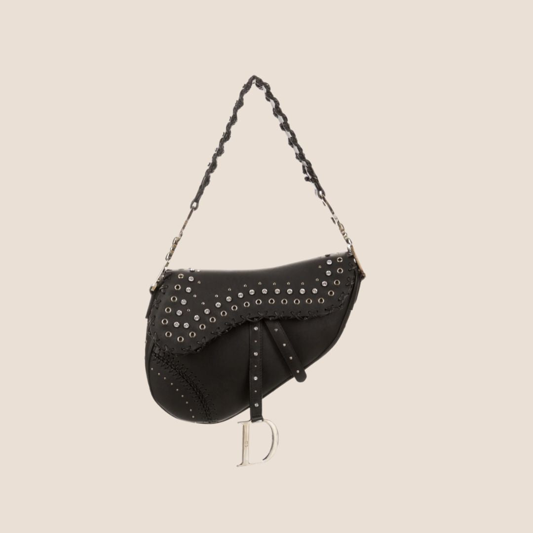 CHRISTIAN D1OR 2004 BLACK SUEDE EMBELLISHED WHIPSTITCH SADDLE BAG