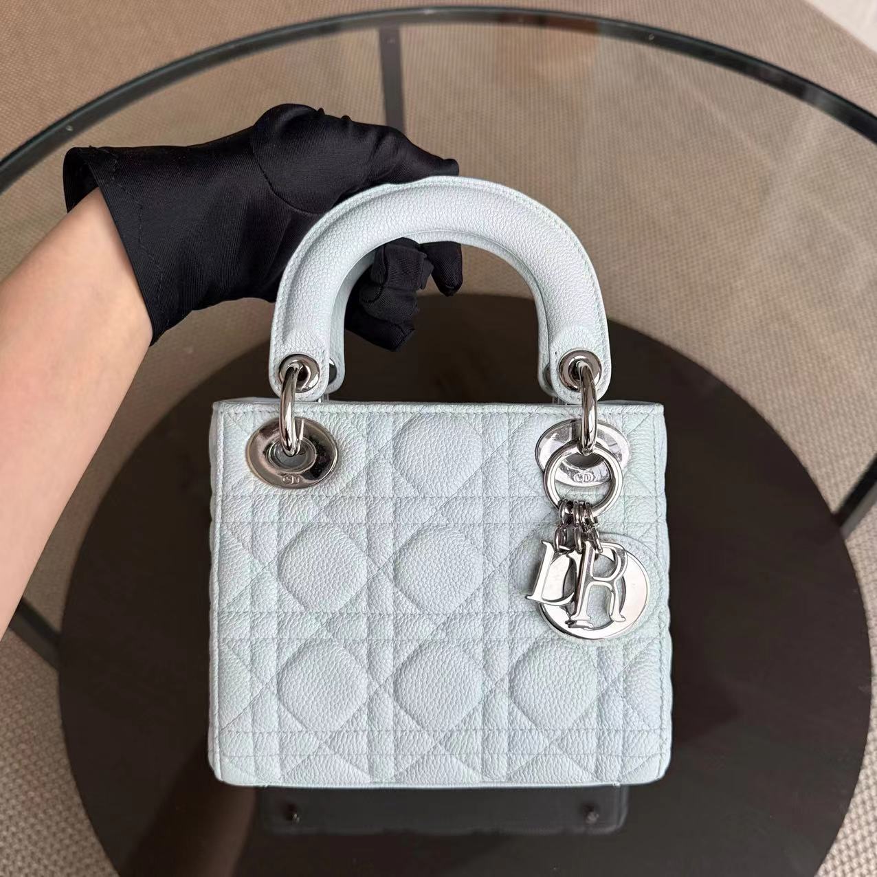 *Rare Caviar* D1OR Lady Mini - Cannage Grained Calfskin Glacier White Ice Blue Silver Hardware Adjustable Strap