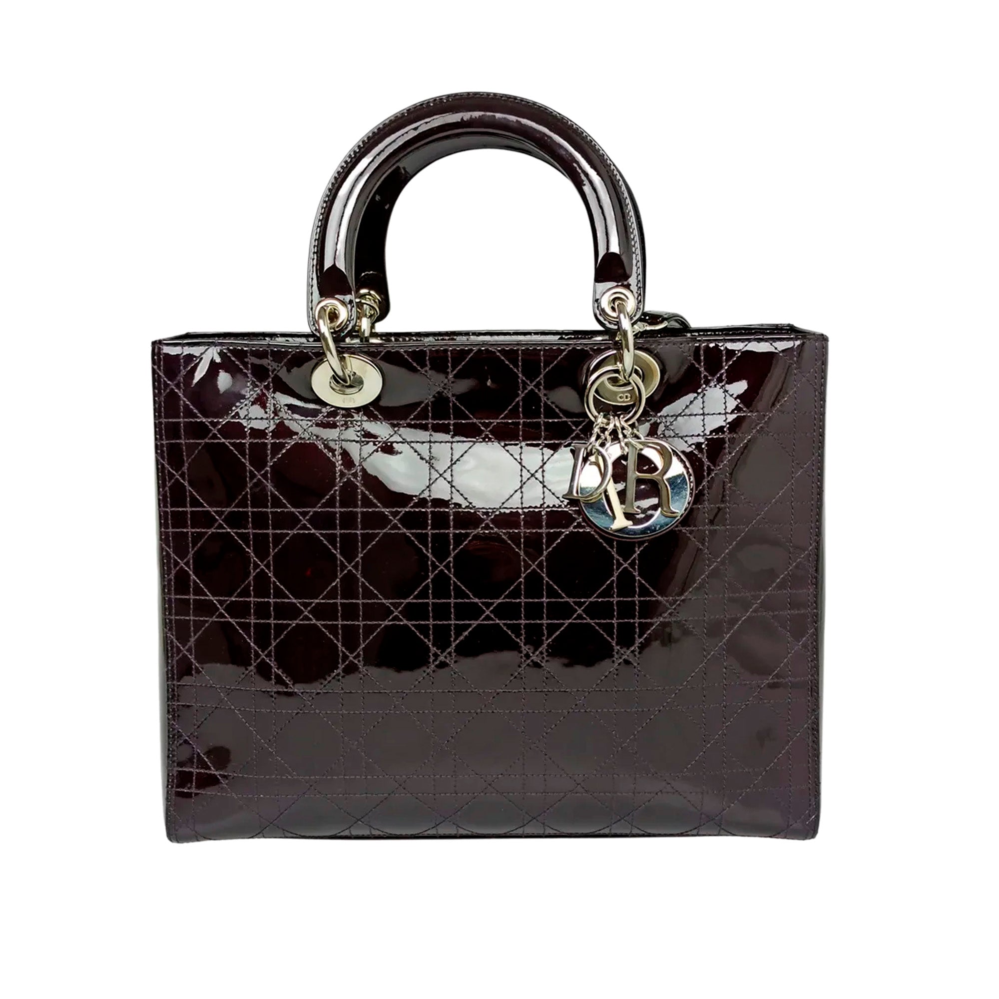 Cannage Patent Leather Lady D1OR Satchel Brown