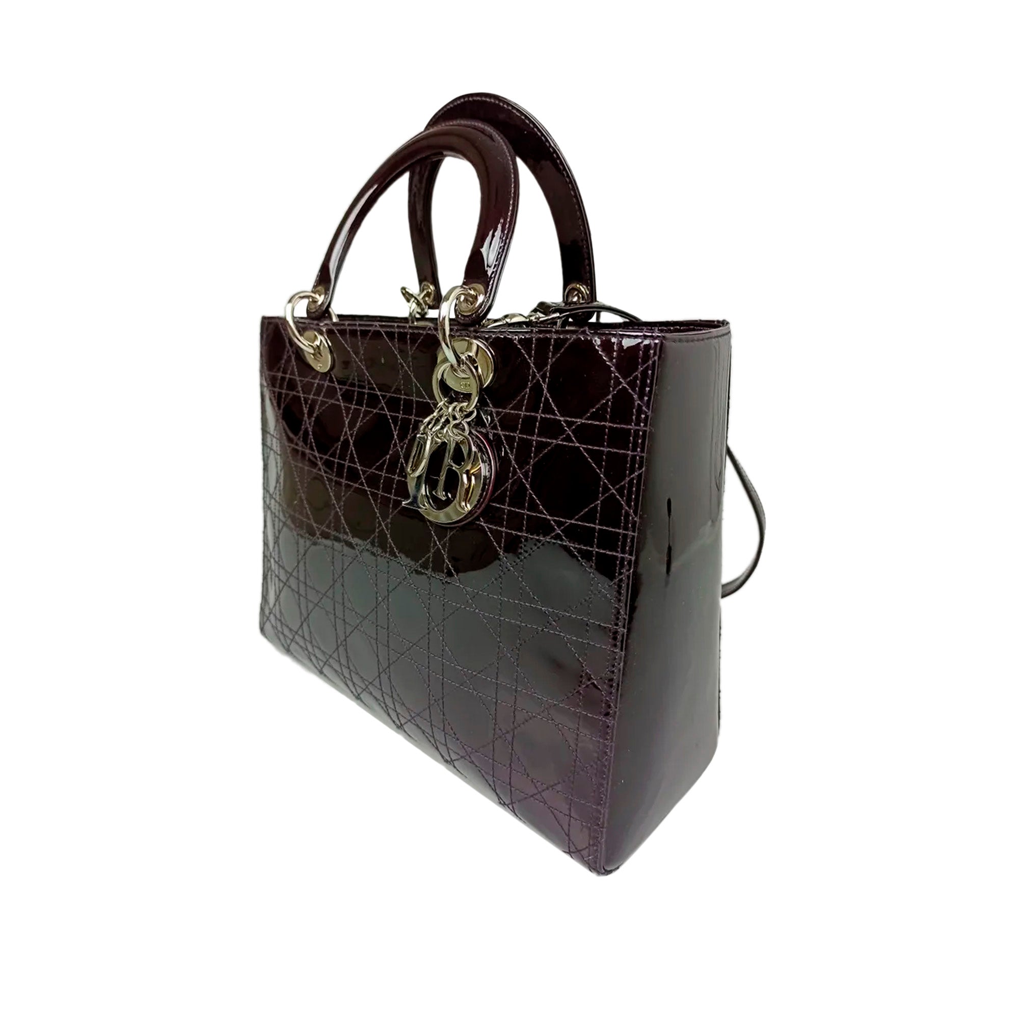 Cannage Patent Leather Lady D1OR Satchel Brown