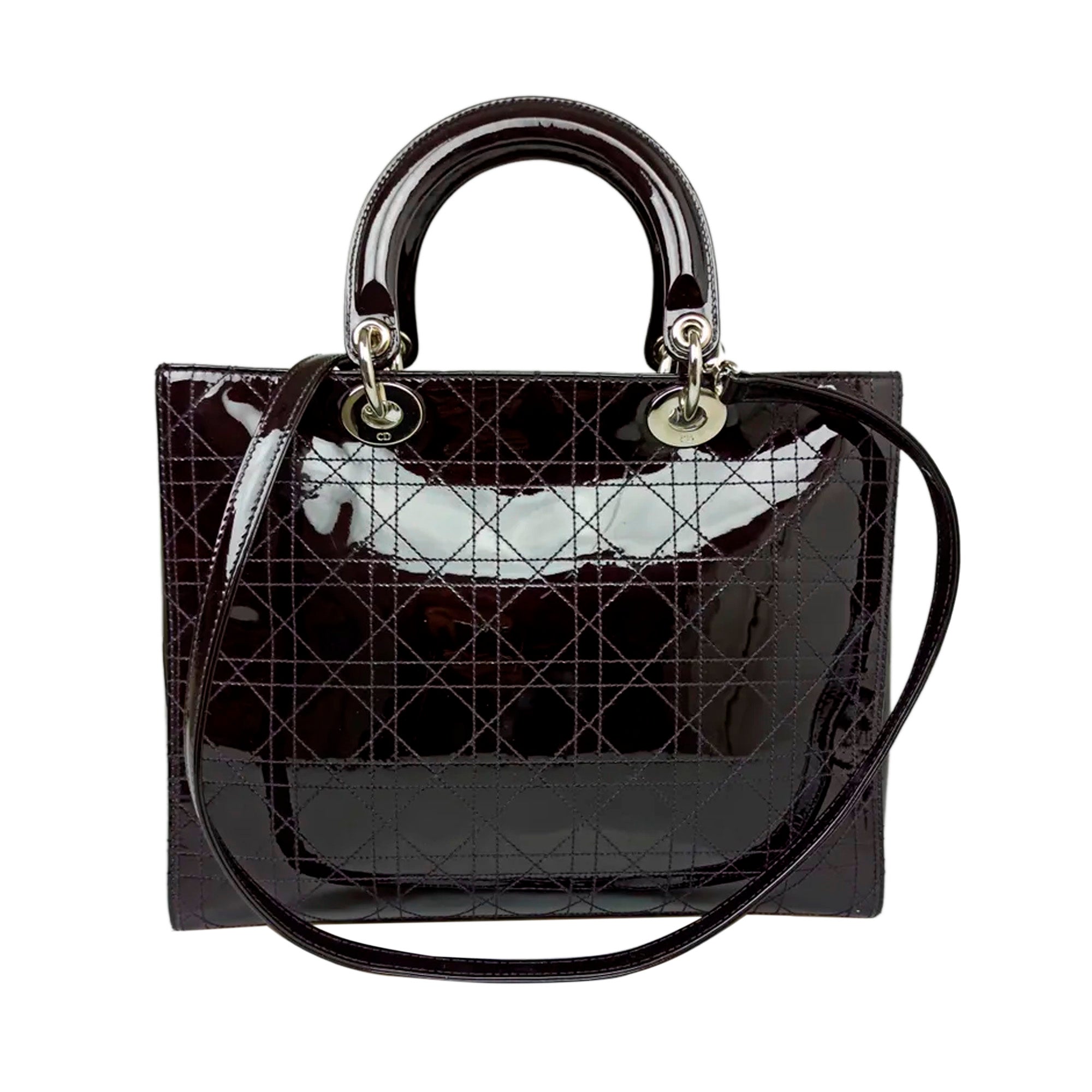 Cannage Patent Leather Lady D1OR Satchel Brown