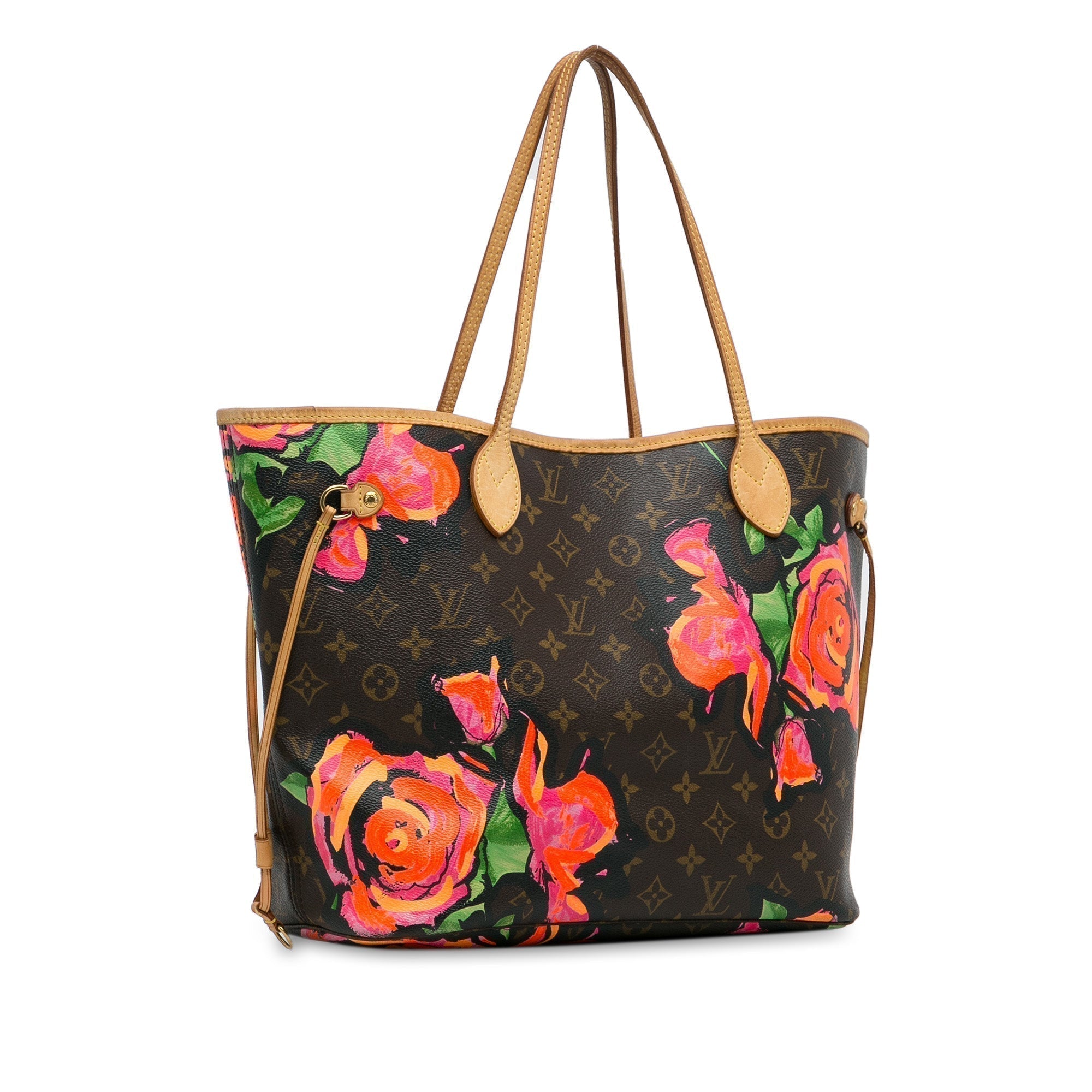 Brown LV Monogram Roses Neverfull MM Tote Bag