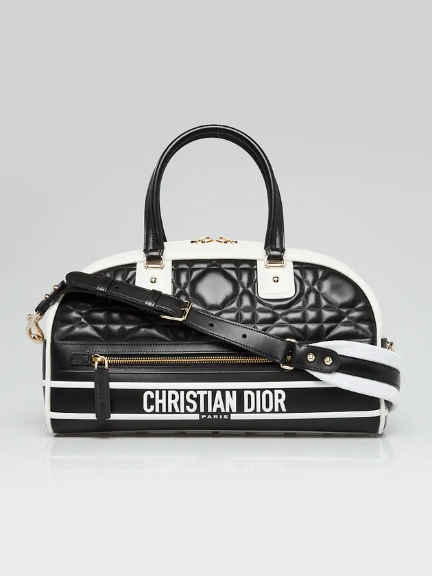 CHRISTIAN D1OR Black/White Quilted Leather Mini Vibe Bowling Bag