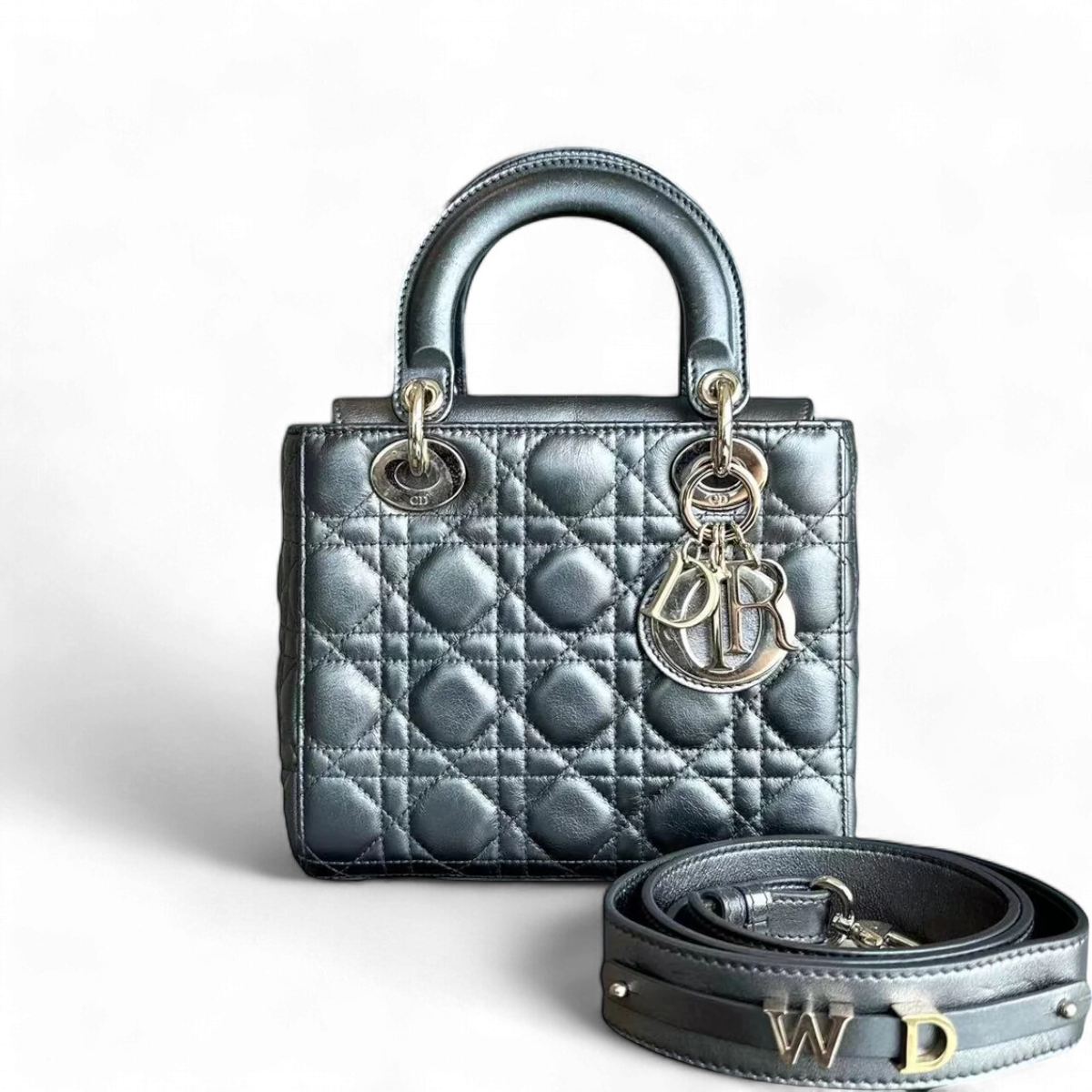 *ABC Strap* D1OR Lady Small MyABC Cannage Calfskin Metallic Gunmetal Grey Golden Hardware