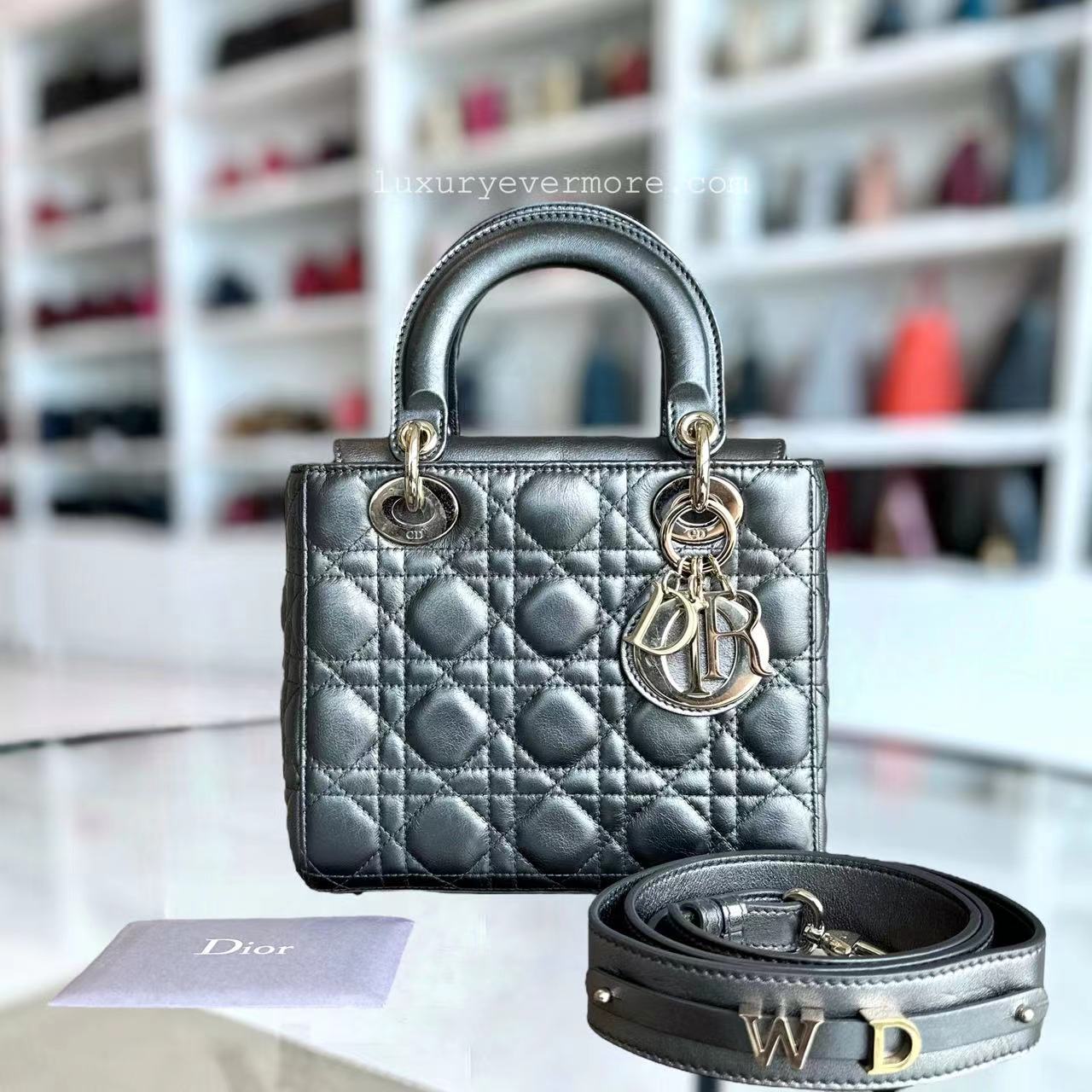 *ABC Strap* D1OR Lady Small MyABC Cannage Calfskin Metallic Gunmetal Grey Golden Hardware