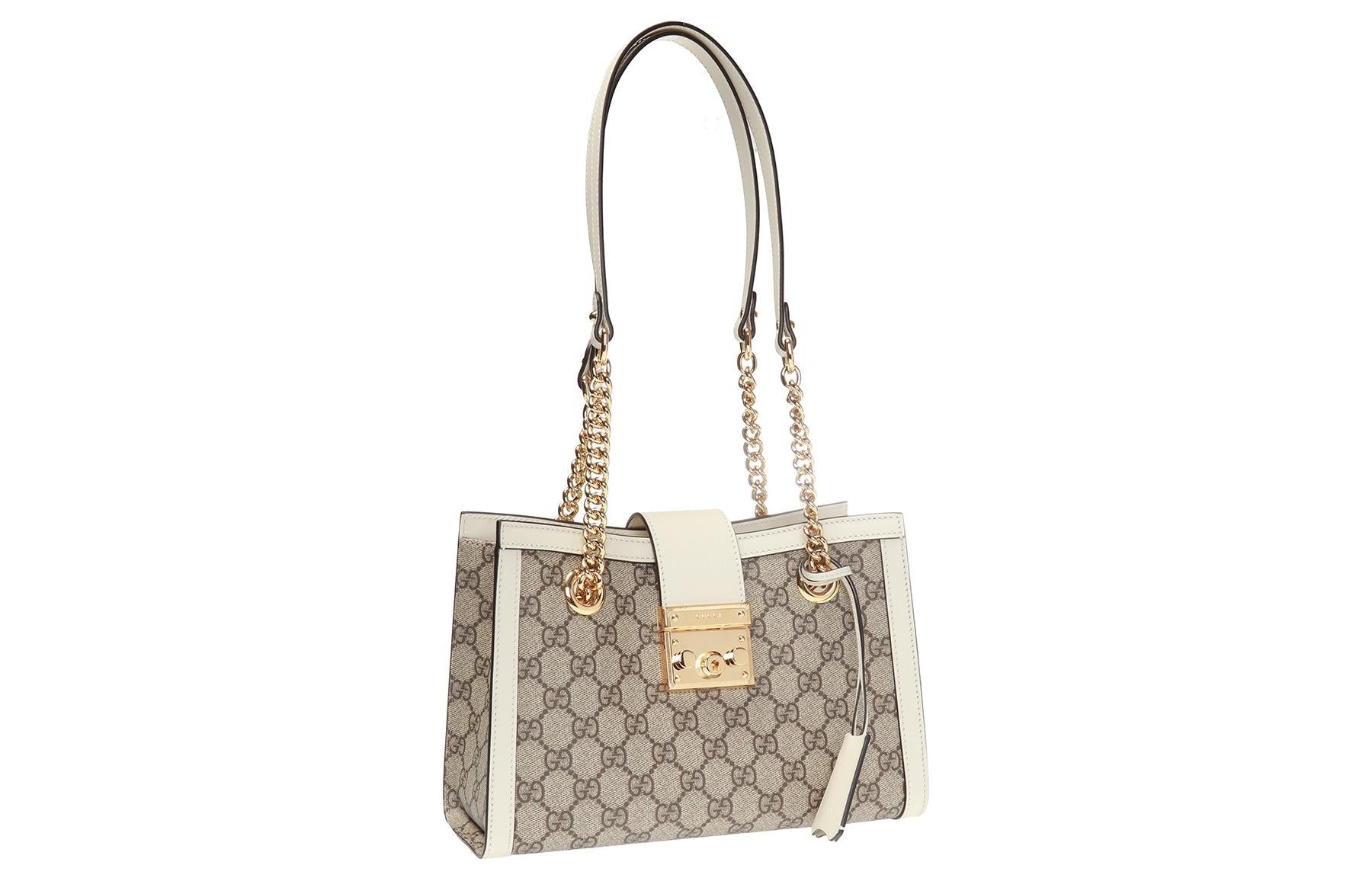 (WMNS) GCCI Padlock Metallic Logo Canvas Chain handbag Small / White 498156-KHNKG-9761