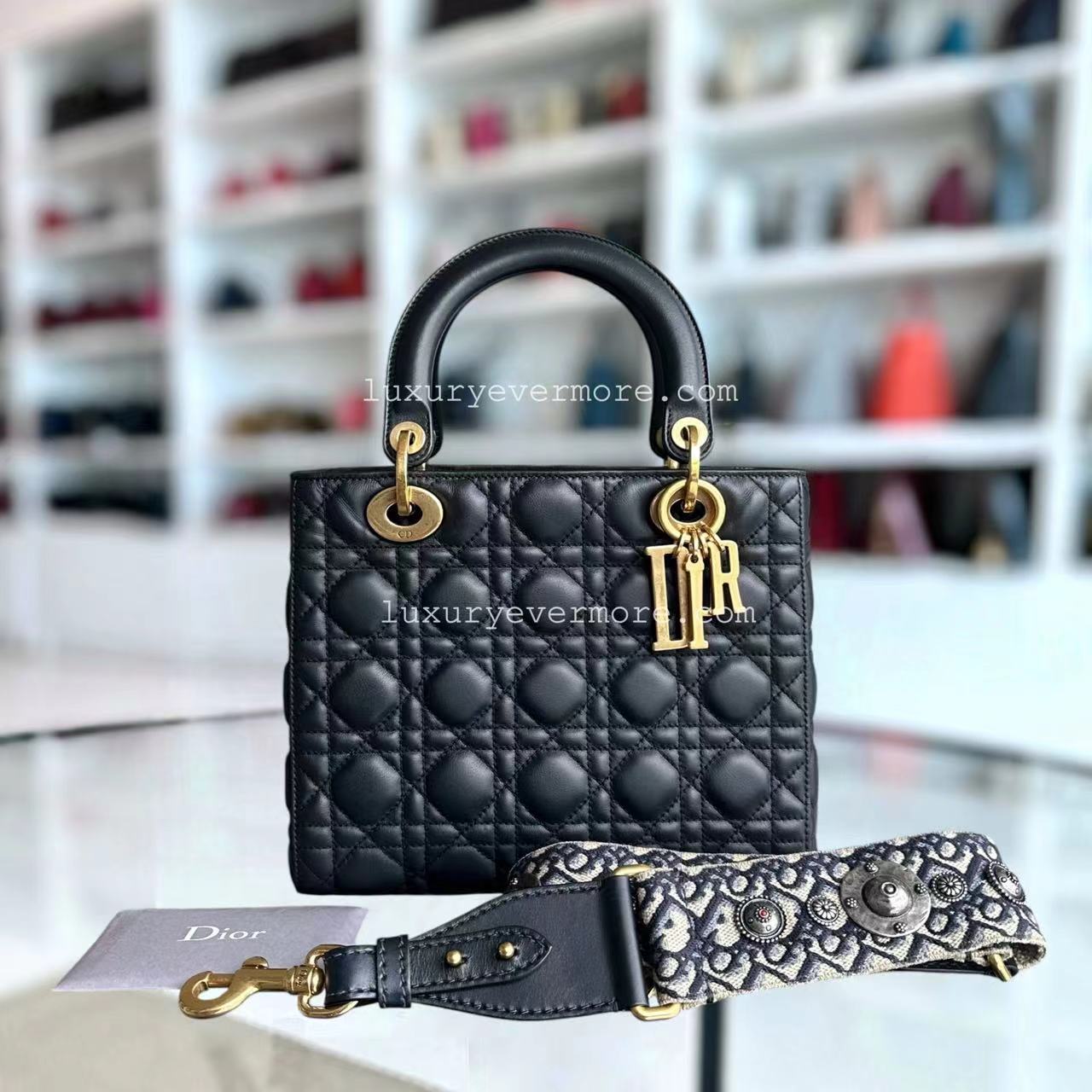 *Calfskin, Flap, With Strap* D1OR Lady Medium - Calfskin Cannage Calfskin Dark Blue Golden Hardware