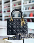 *Calfskin, Flap, With Strap* D1OR Lady Medium - Calfskin Cannage Calfskin Dark Blue Golden Hardware