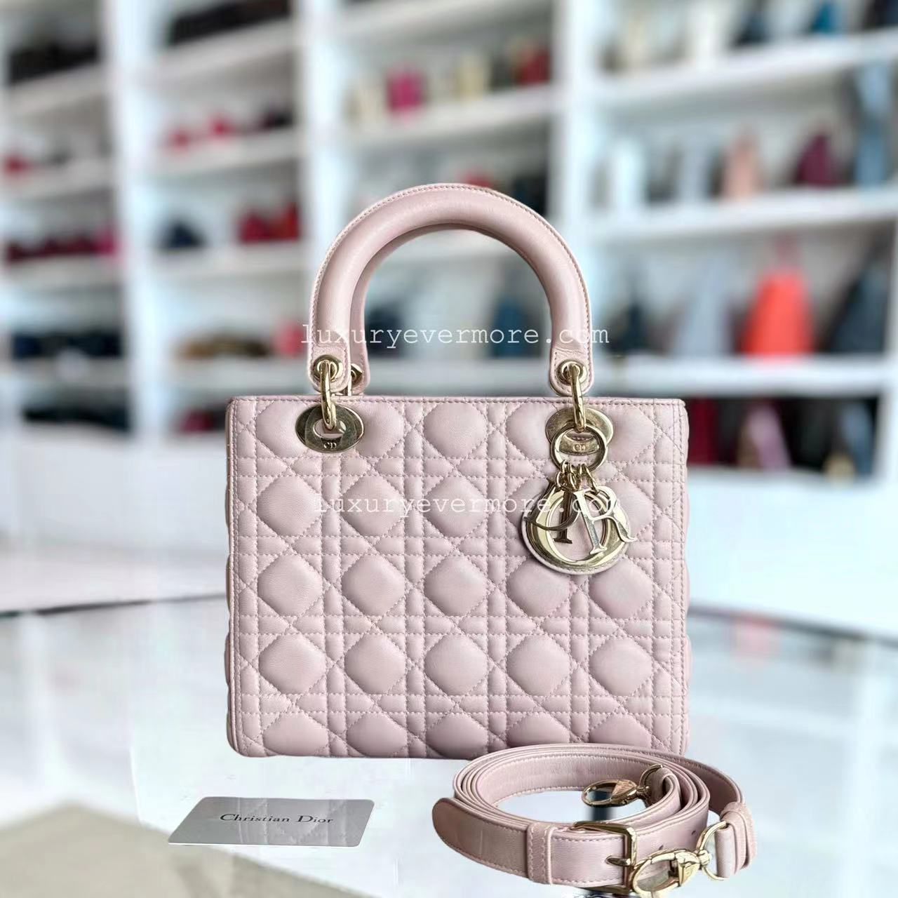 *Adjustable Strap* D1OR Lady Medium - Iridescent Cannage Lambskin Light Pink Golden Hardware