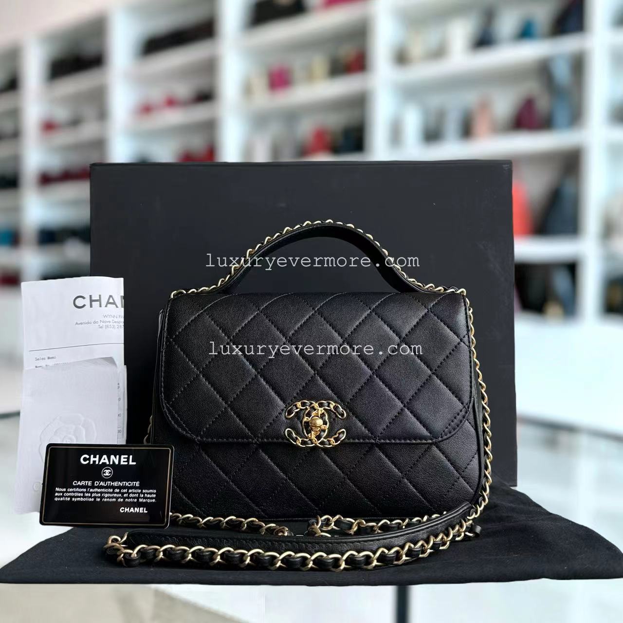 *Full Set, Receipt* CH Small 23CM Chain Infinity Top Handle Quilted Calfskin Black Golden Hardware Series 28 Shoulder Bag