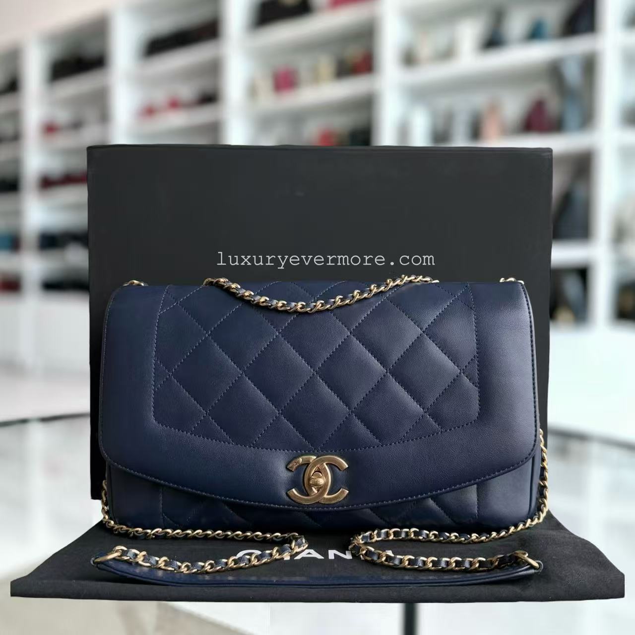 *Rare 2015 Re-issue* CH Diana - 28CM Quilted Lambskin Dark Blue Gold Hardware Series 20