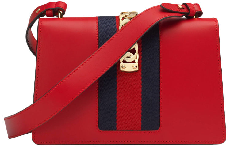 (WMNS) GCCI Sylvie Gold buckle Stripe Webbing Bow Wide Version Leather handbag Small Red 421882-CVLEG-8604