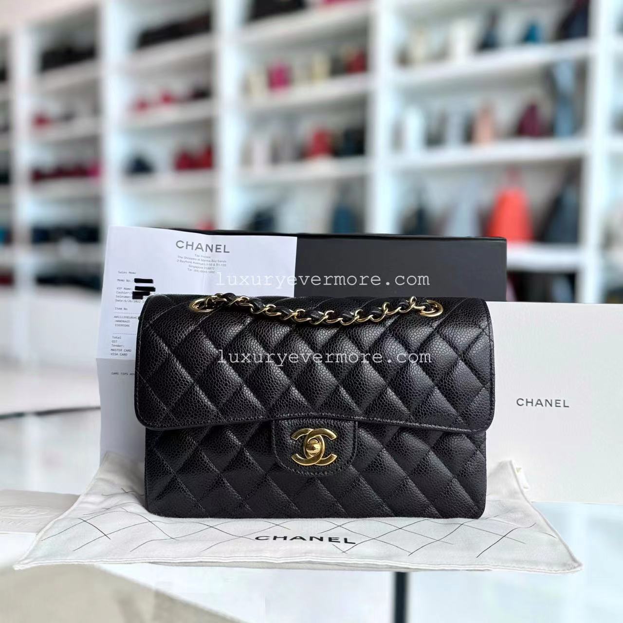 *Microchip, Full Set Receipt* CH Small Caviar Classic Flap Quilted Black Golden Hardware