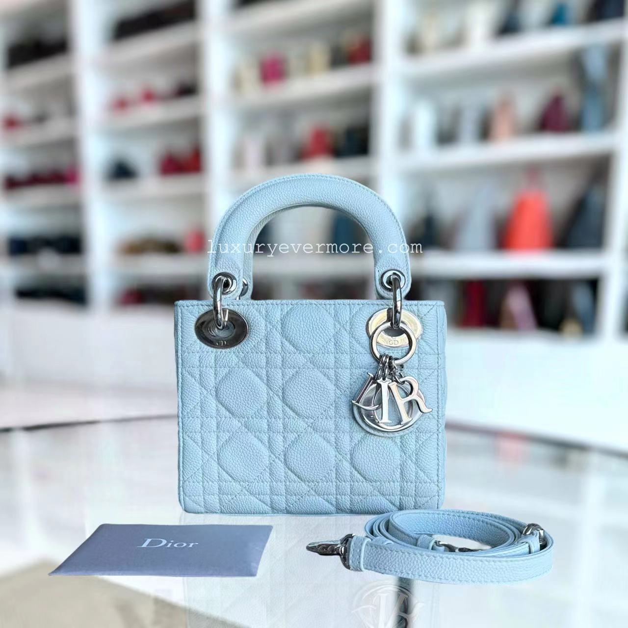 *Rare Caviar* D1OR Lady Mini - Cannage Grained Calfskin Glacier White Ice Blue Silver Hardware Adjustable Strap