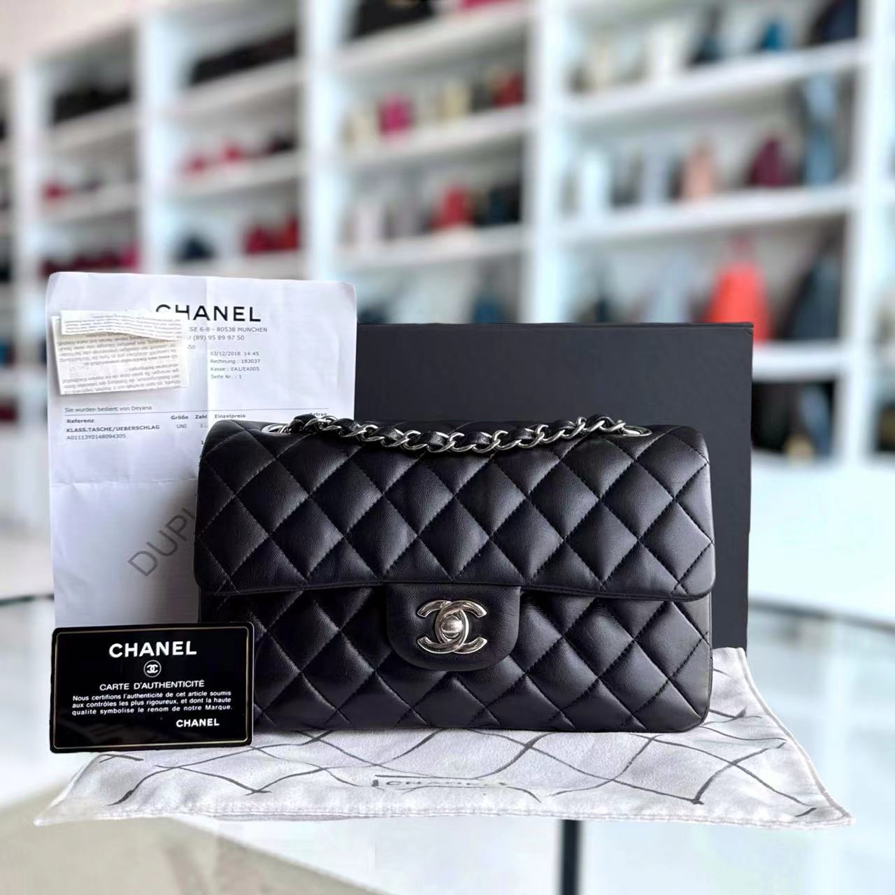 *Full Set, Receipt* CH Classic Flap Small - 23CM Quilted Lambskin Black Silver Hardware Series 27