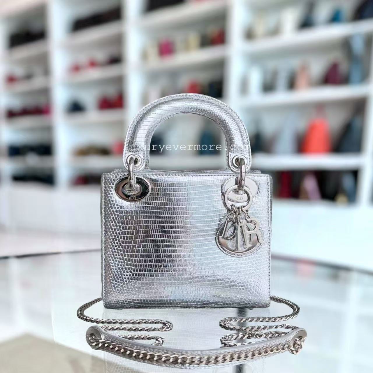 *Rare* D1OR Lady Mini - Lizard Silver Metallic Limited Edition Chain Strap Silver Hardware