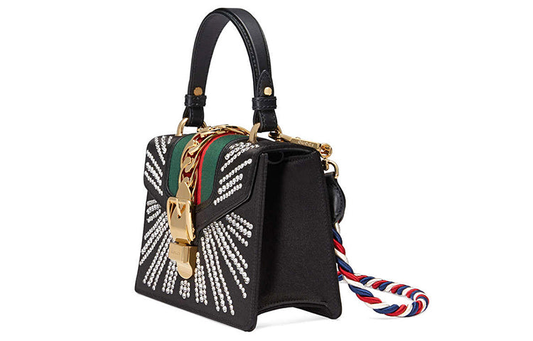 (WMNS) GCCI Sylvie Gold Buckle Stripe Webbing Mini Black Handbag 470270-9AAQG-8720