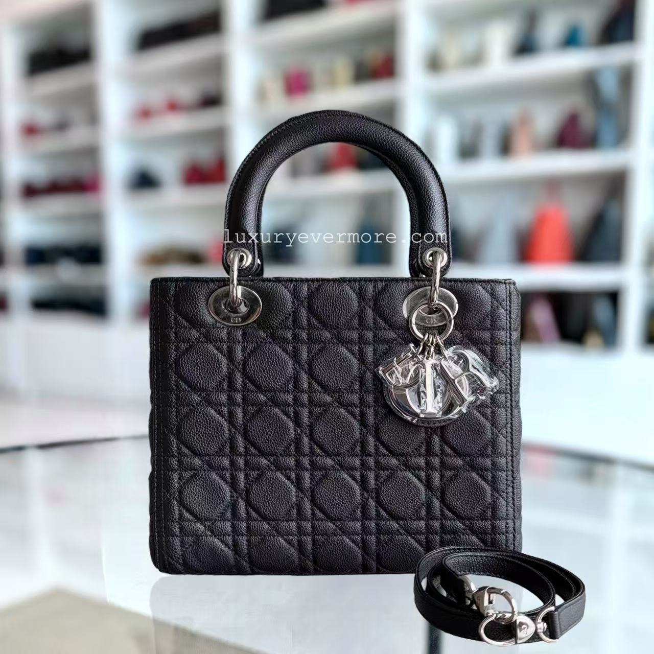 *Rare Caviar* D1OR Lady Medium - Grained Calfskin Cannage Black Silver Hardware