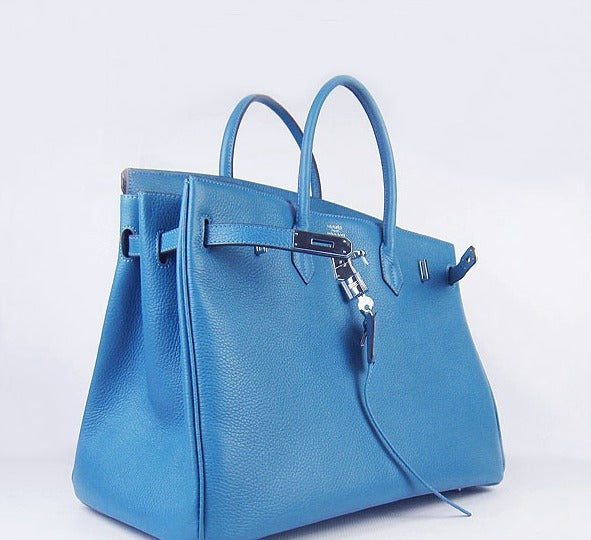 HMS Birkin 35cm Togo Leather Handbags 6099 Blue Silver