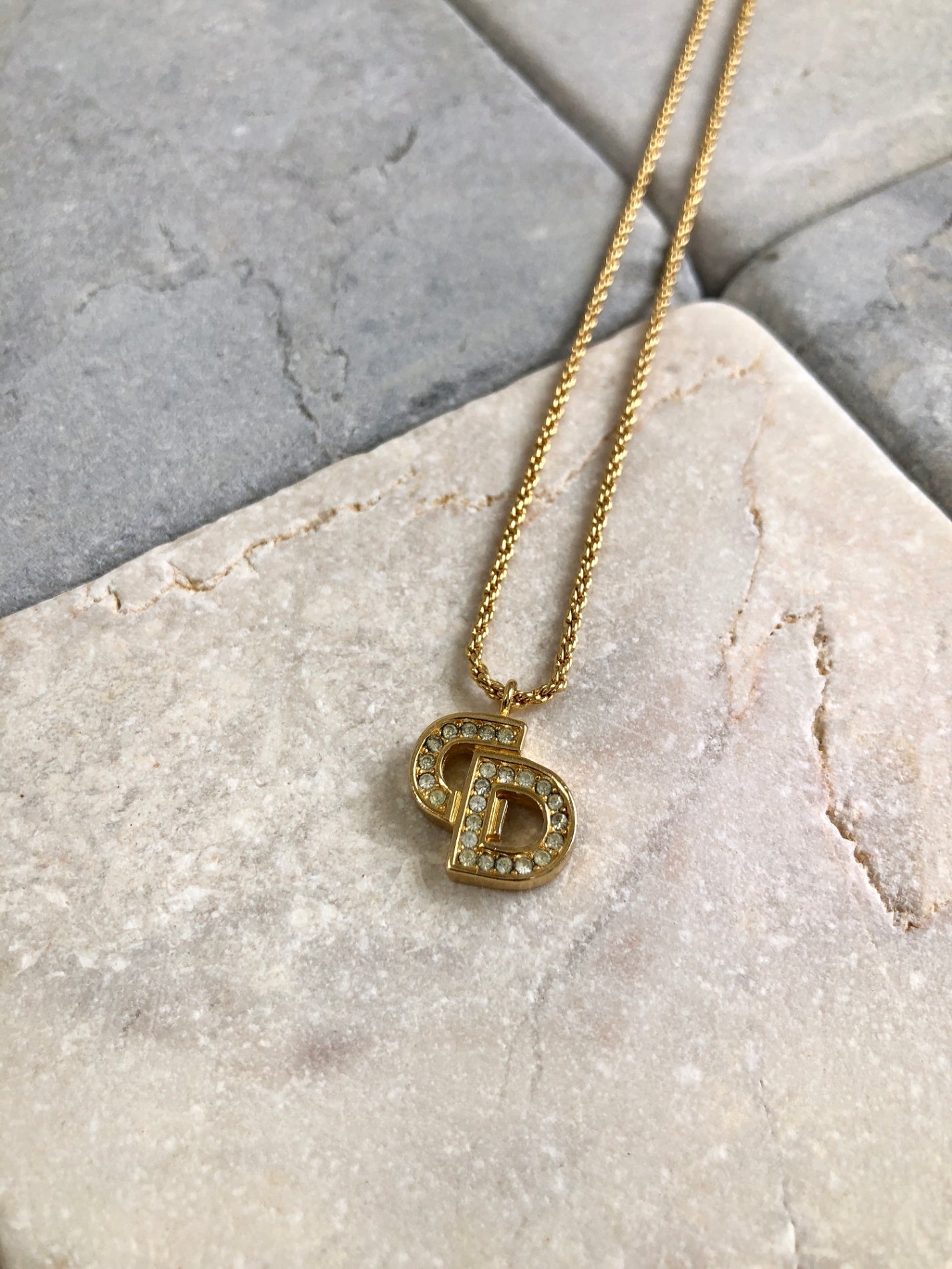 Christian D1OR CD Logo Rhinestone Necklace Gold Vintage hk42f6