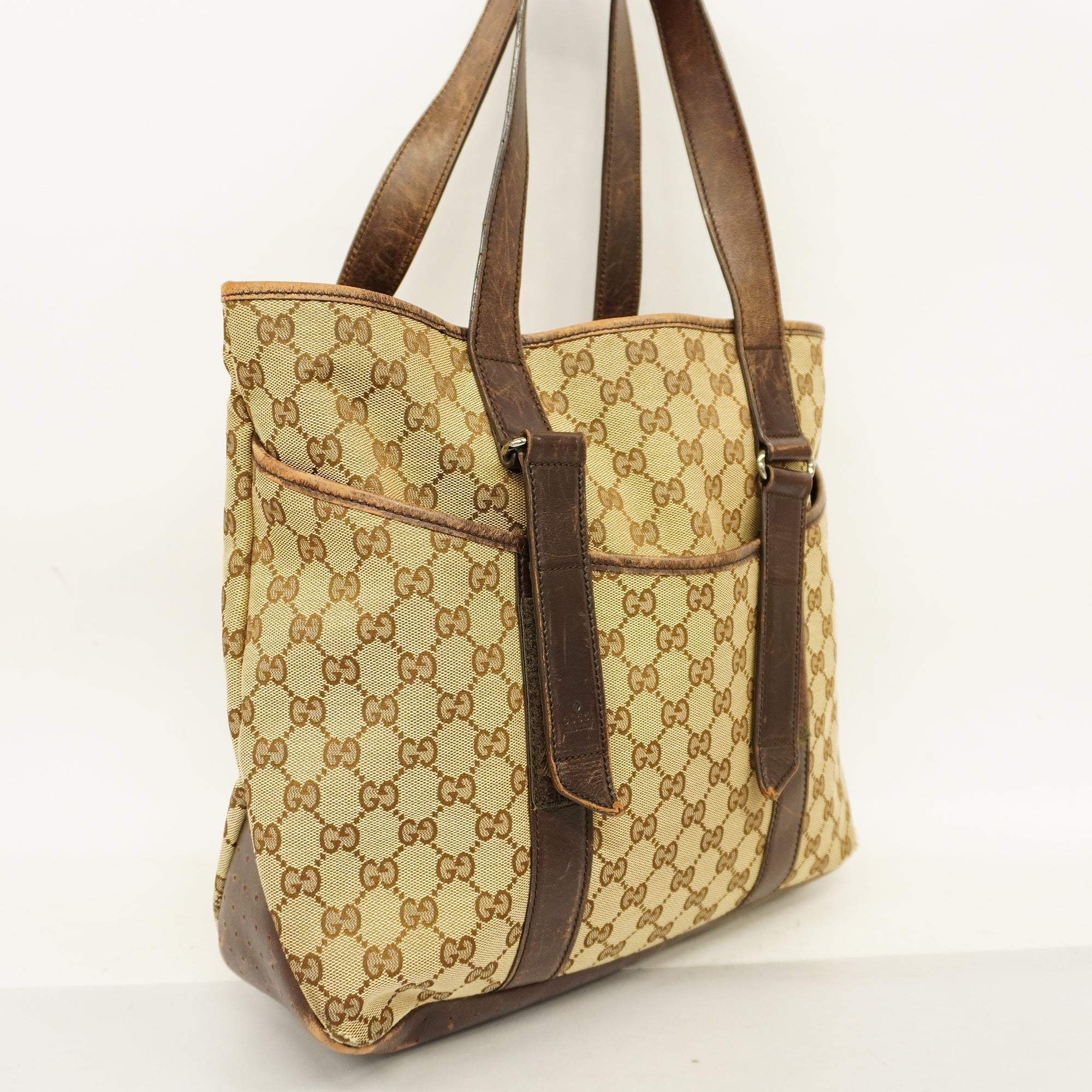 GCCI  GG Canvas 002-1073 Women's Leather Tote Bag Beige,Brown