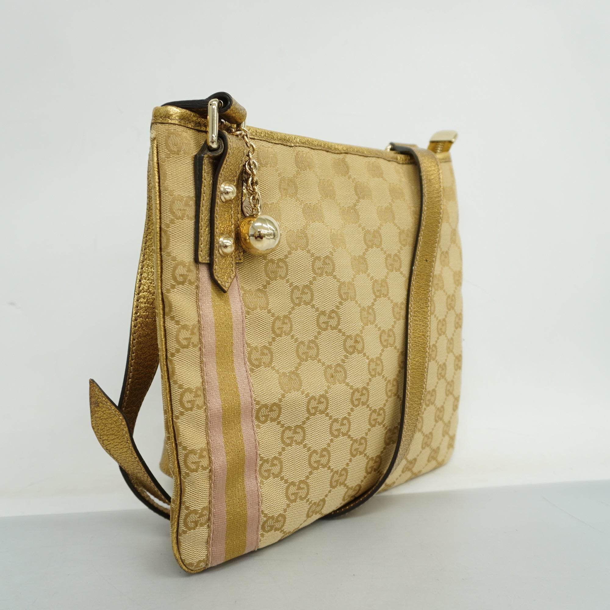 GCCI  GG Canvas Shoulder Bag 144388 Women's Leather Beige,Gold