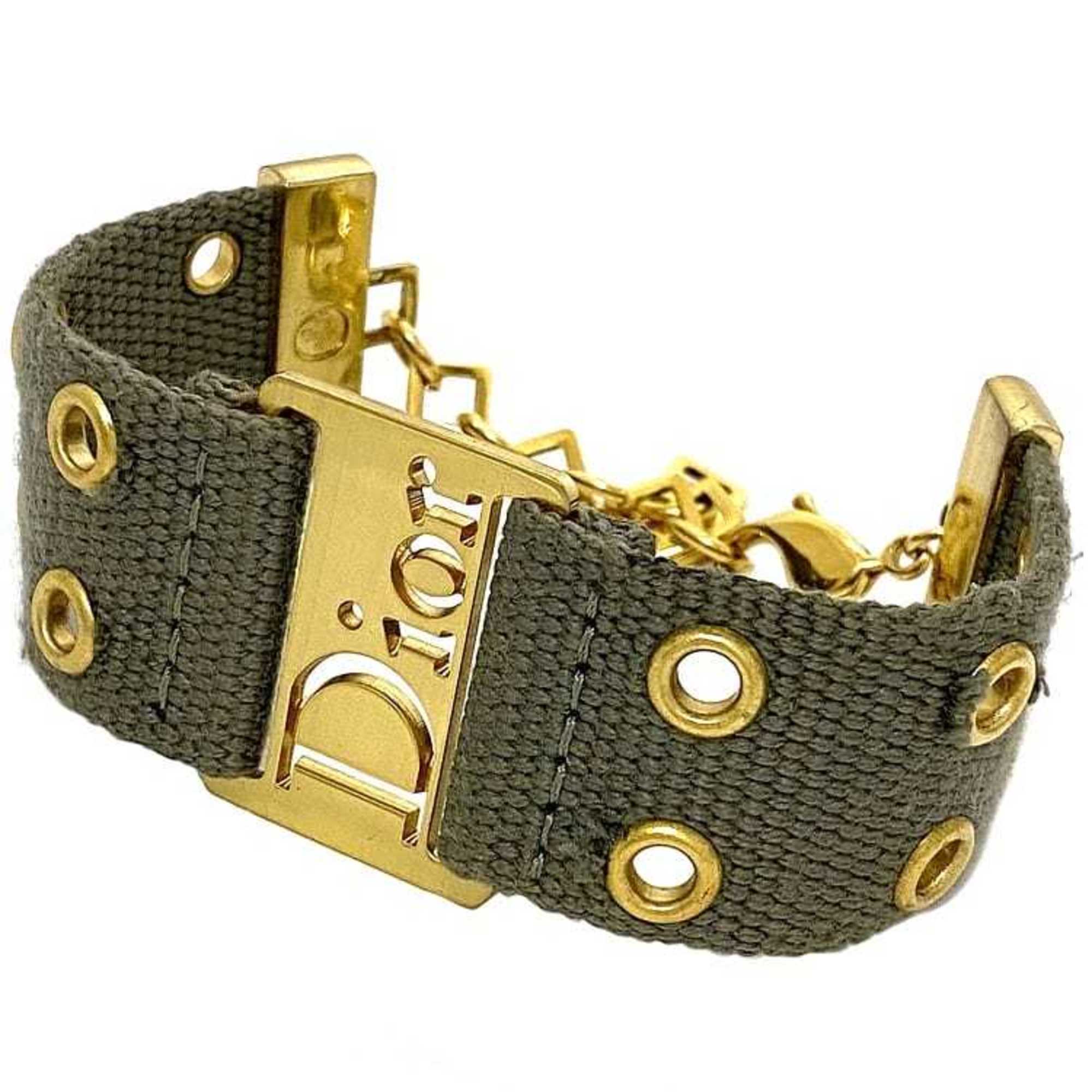 CHRISTIAN D1OR Bracelet Khaki Gold Canvas GP Chain Jacquard Plate Adjuster Accessory