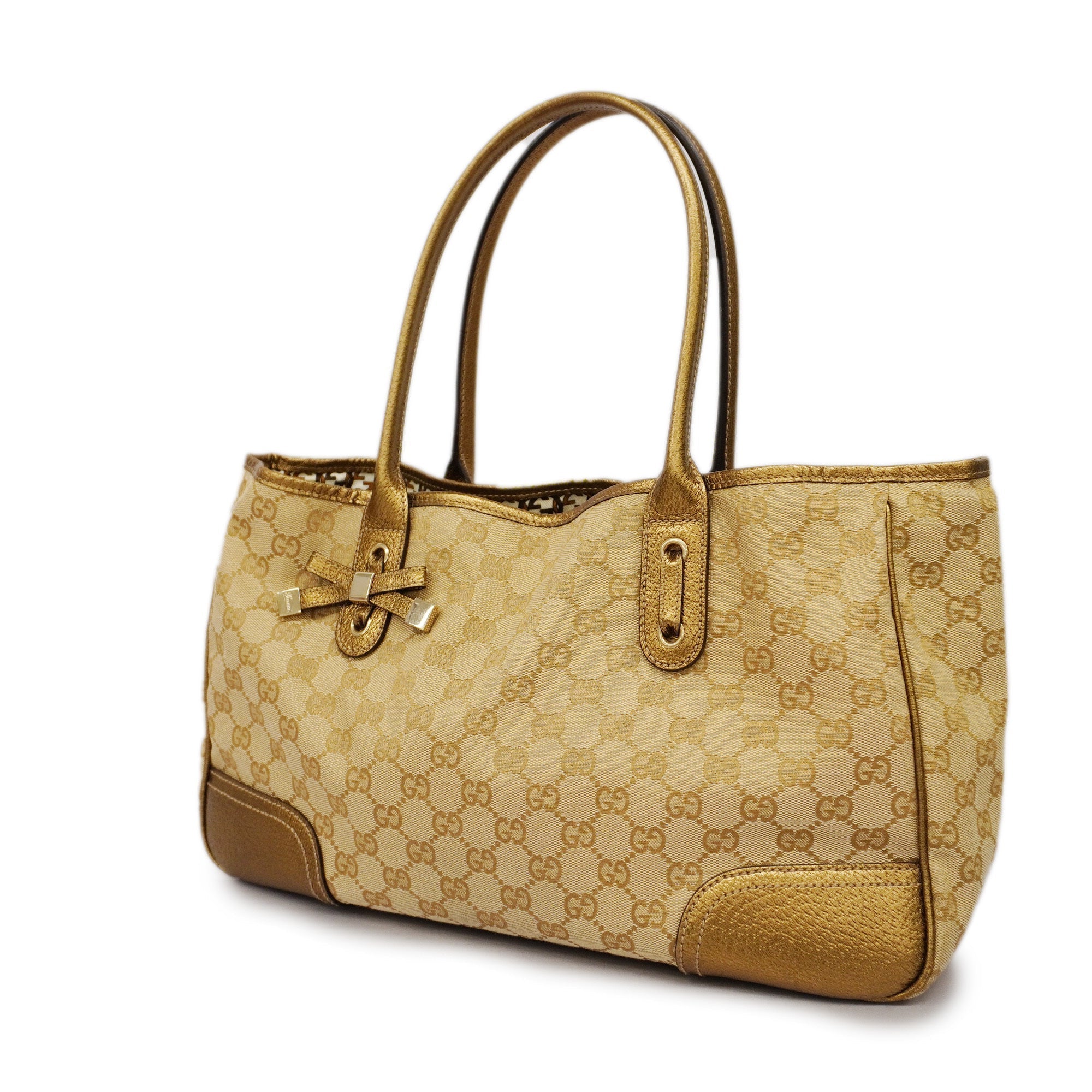 GCCI  GG Canvas Sherry Princey 163805 Women's Leather Tote Bag Beige,Gold