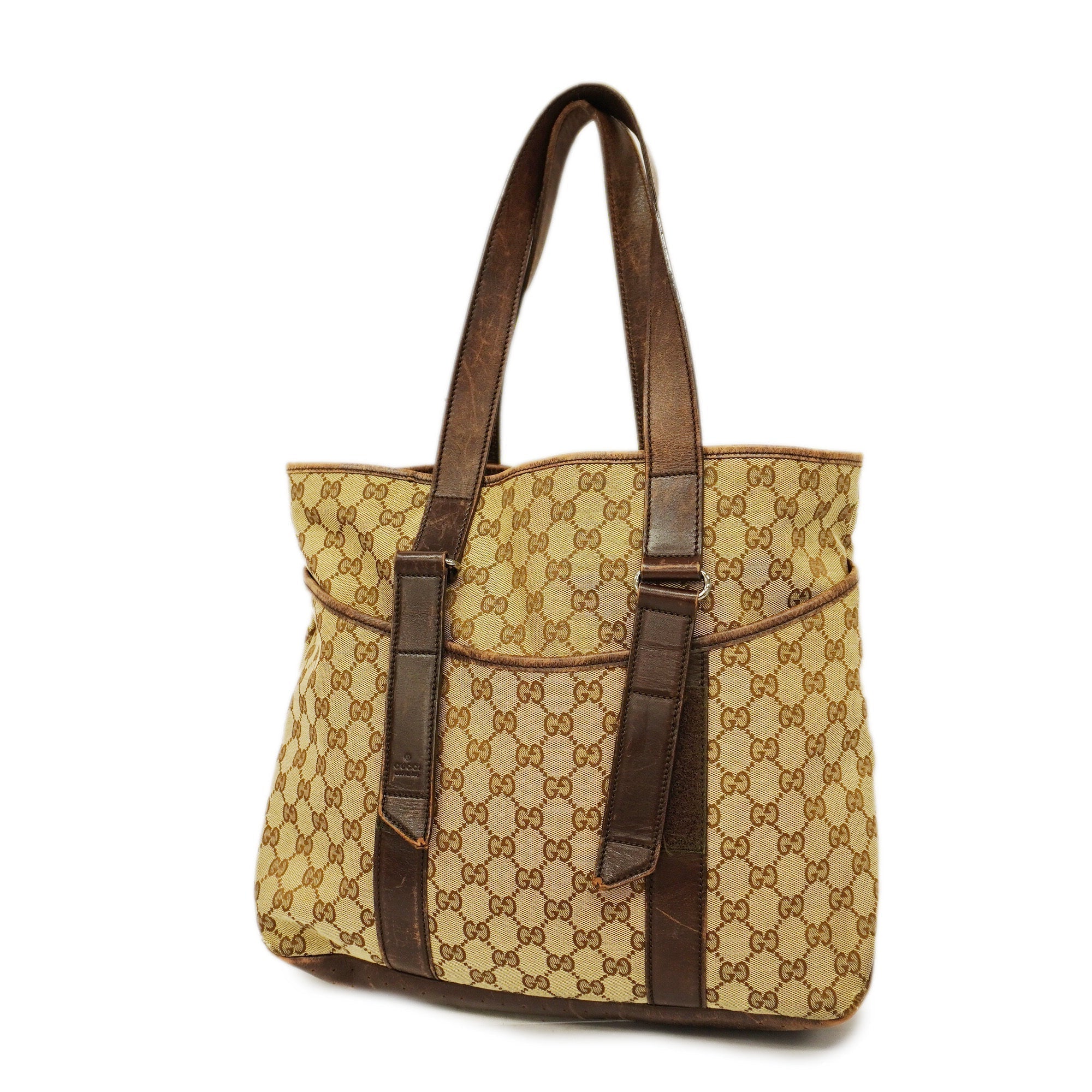 GCCI  GG Canvas 002-1073 Women's Leather Tote Bag Beige,Brown