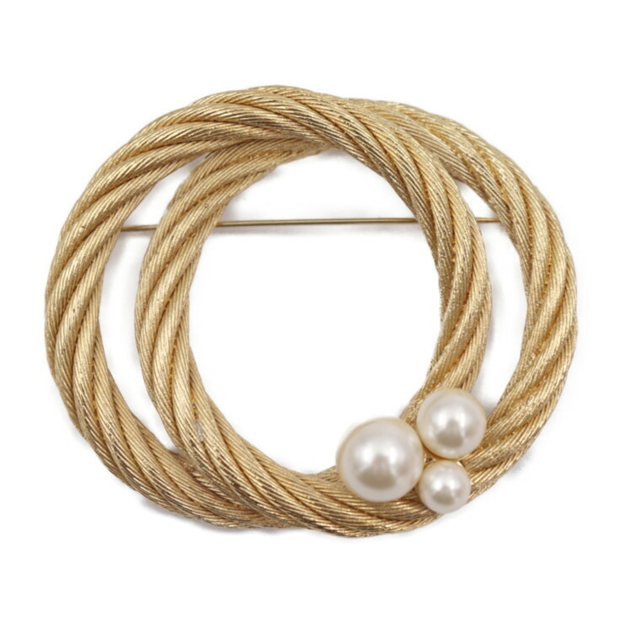 CHRISTIAN D1OR Brooch Metal Fake Pearl Gold Pin Rope