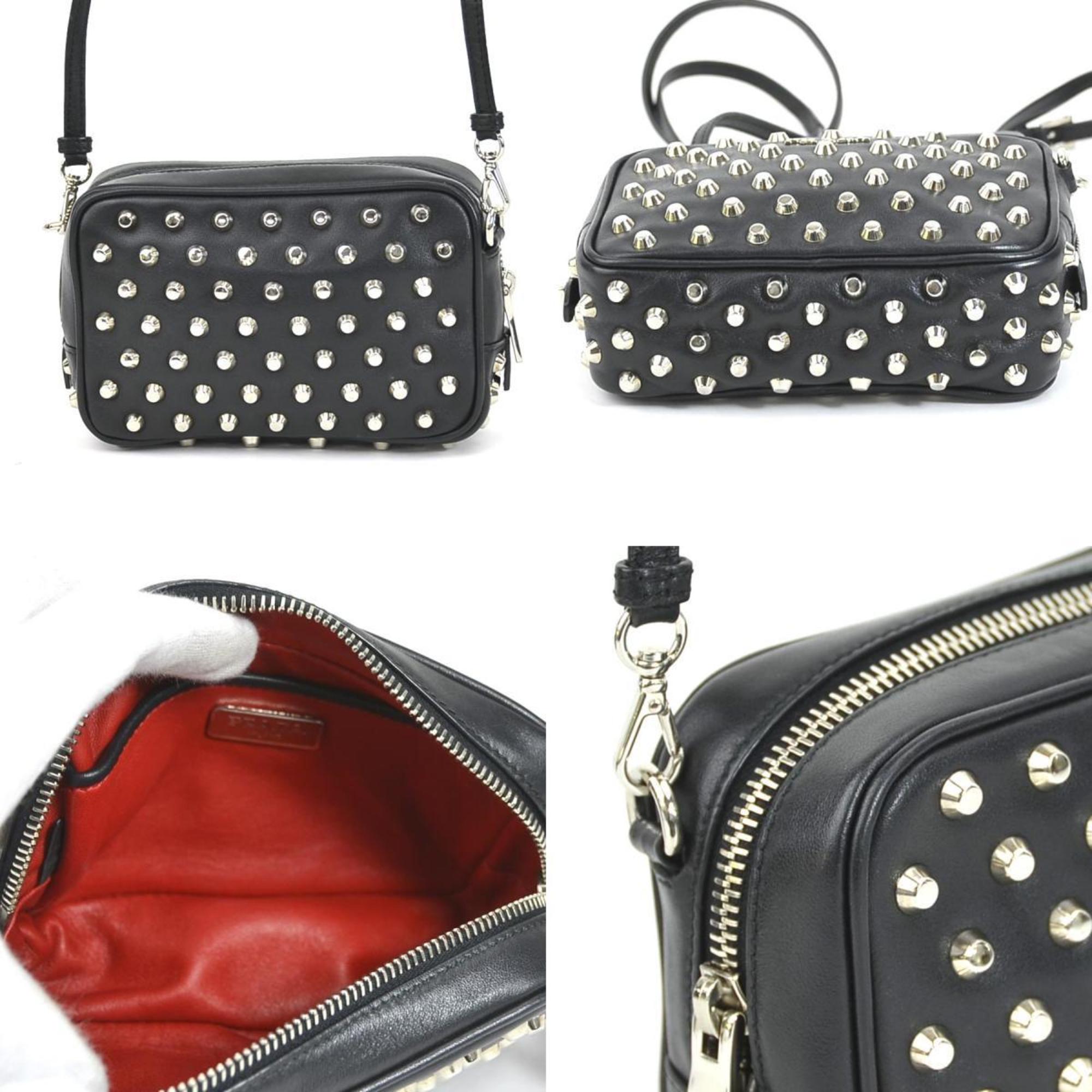 PRD Crossbody Shoulder Bag Studded Leather/Metal Black/Silver Unisex