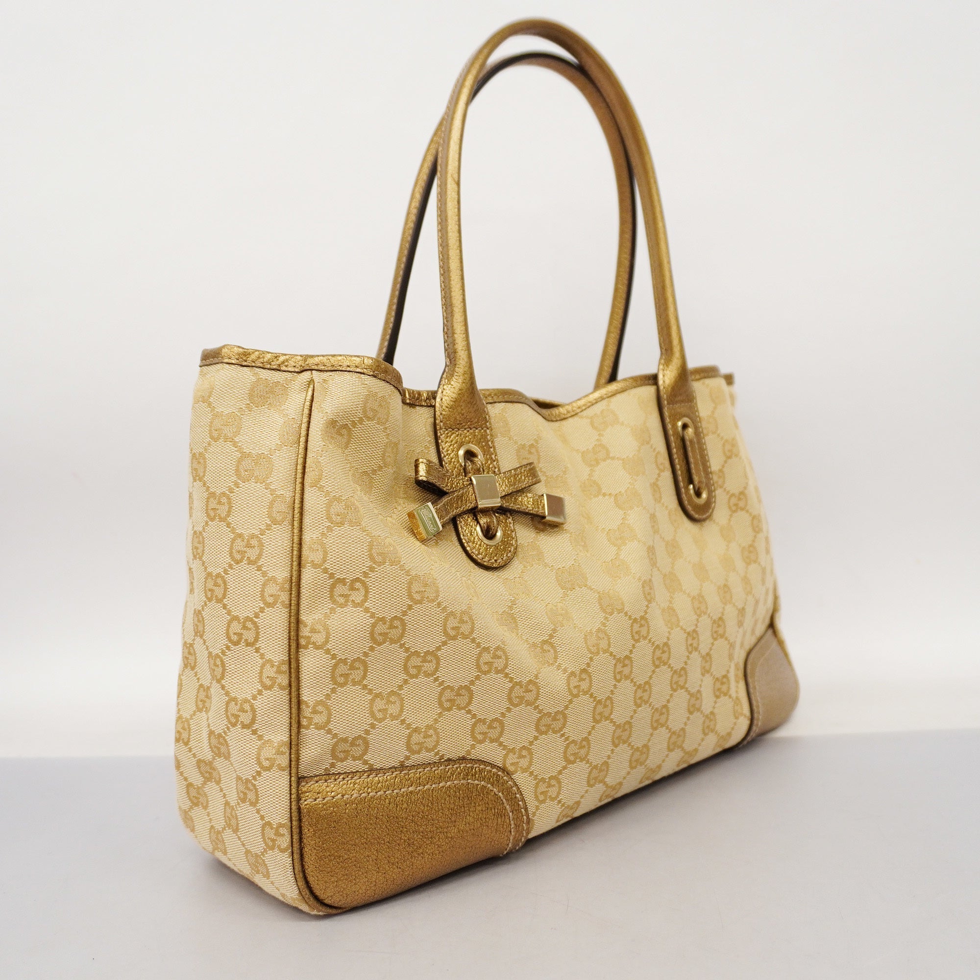GCCI  GG Canvas Sherry Princey 163805 Women's Leather Tote Bag Beige,Gold