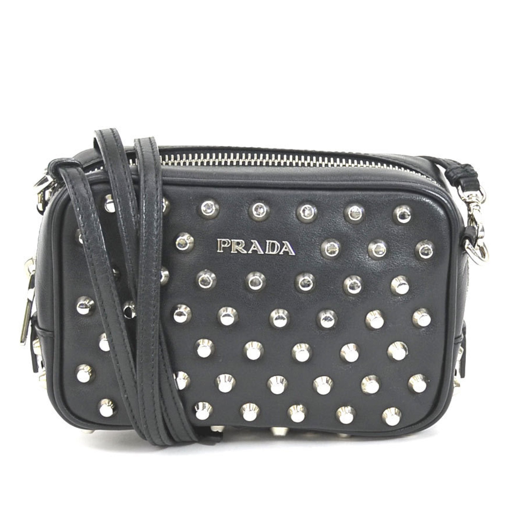 PRD Crossbody Shoulder Bag Studded Leather/Metal Black/Silver Unisex