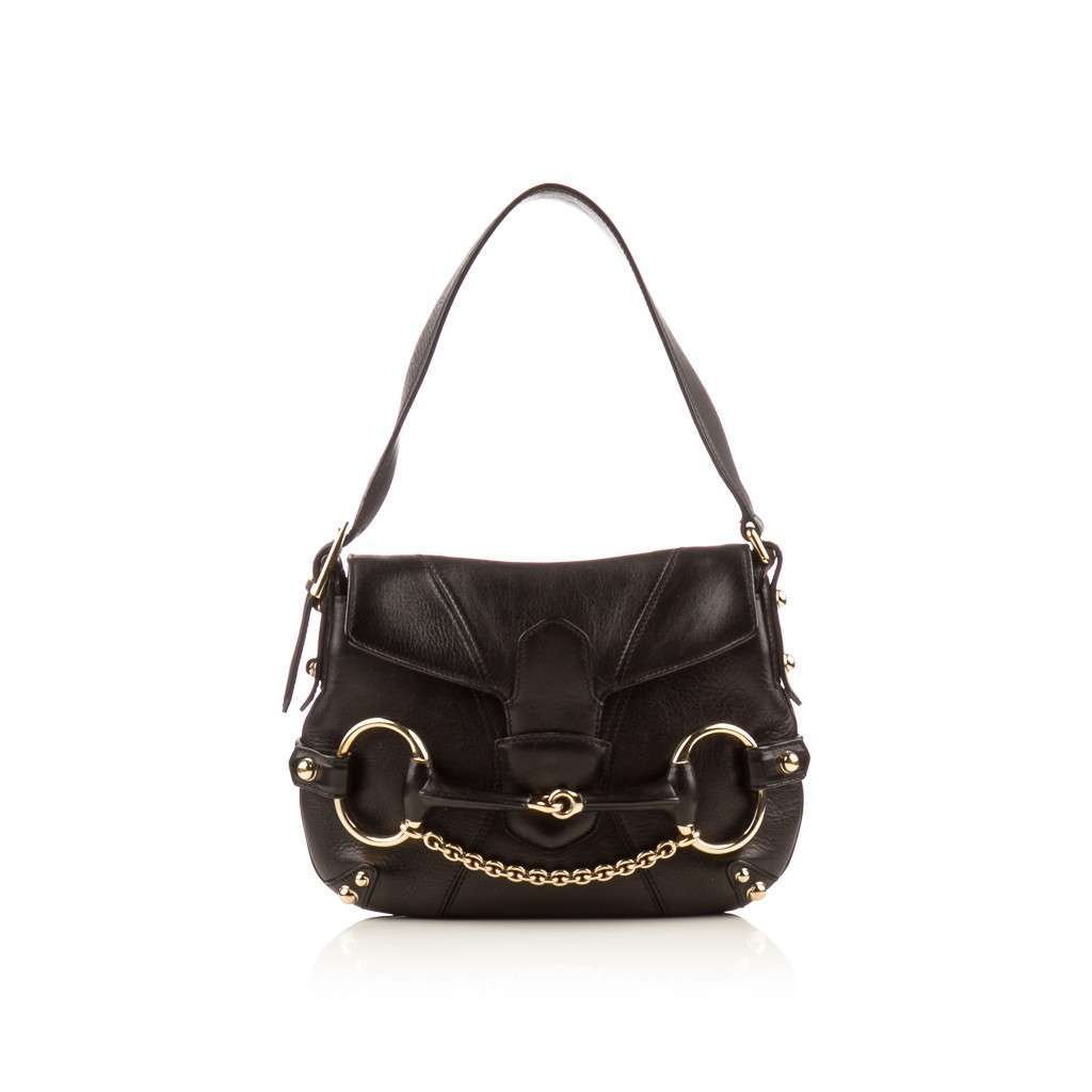 GCCI  Black Leather Horsebit Flap Shoulder Bag