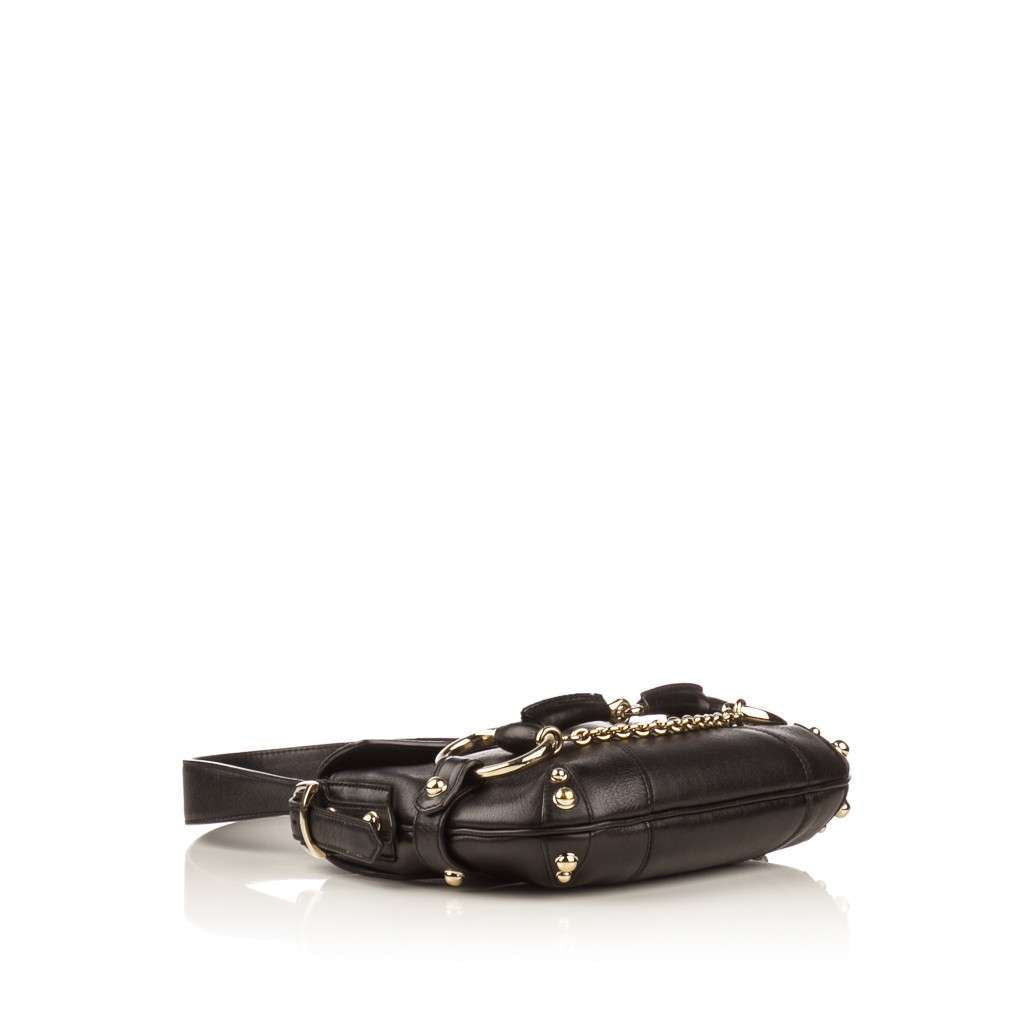 GCCI  Black Leather Horsebit Flap Shoulder Bag