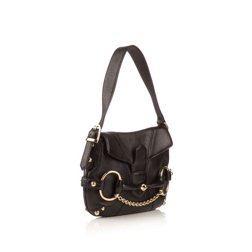 GCCI  Black Leather Horsebit Flap Shoulder Bag