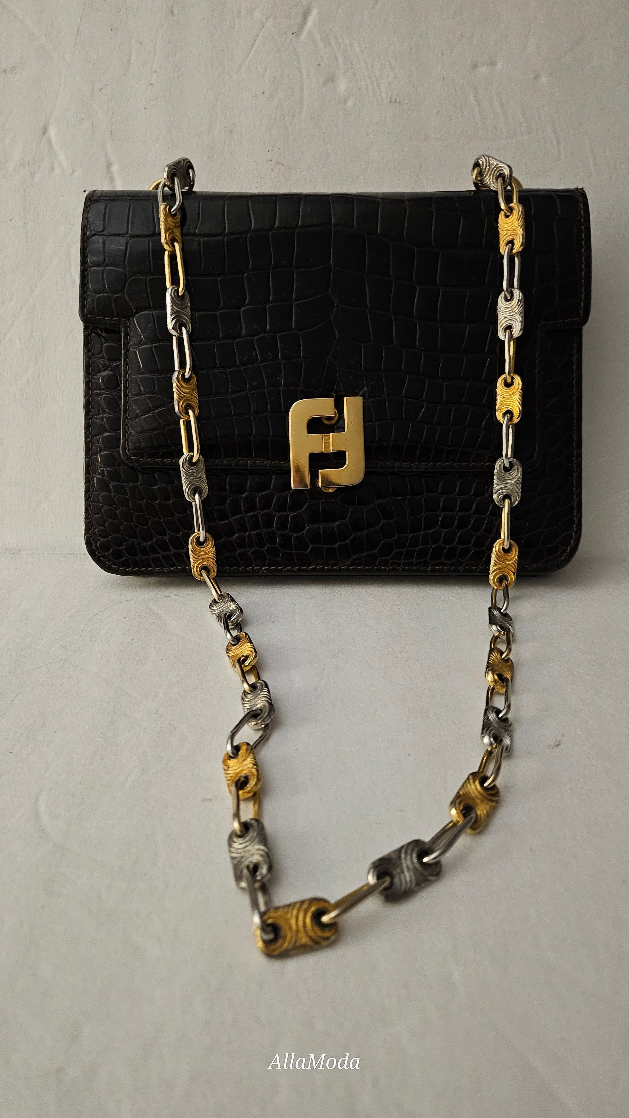 FNDI brown crocodile leather bag w two-tone chain strap &amp; XL FF clasp